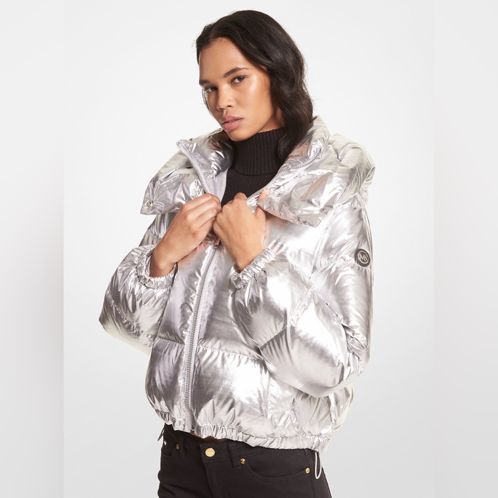 Michael Kors Short Ciré Puffer Jacket in Metallic Silver Cropped Size L XL